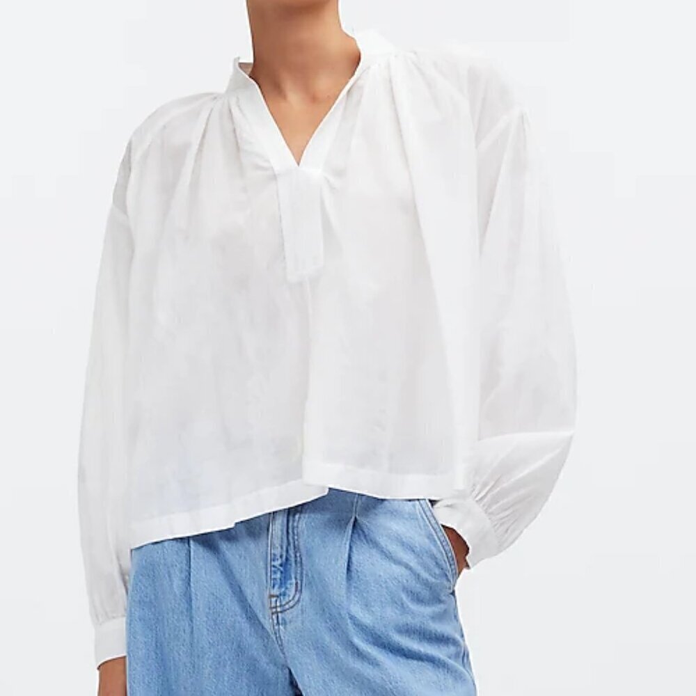 Madewell Shirred V-Neck Long Sleeve Cotton Blend Top White Size XS NWT